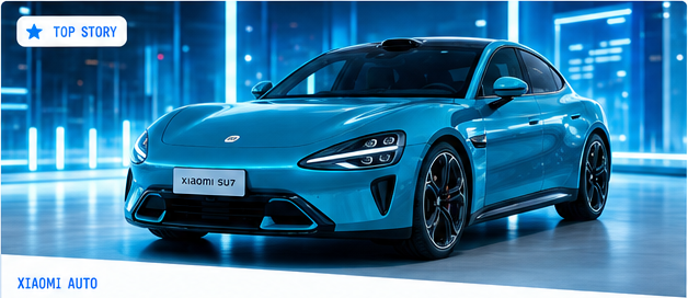 Blue Xiaomi SU7 electric car in a neon-lit studio