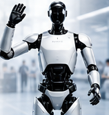 Unitree humanoid robot waving in a bright lab